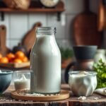 Egy üveg aludttej, friss tejtermékek és gyümölcsök a konyhában.