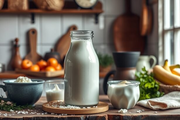 Egy üveg aludttej, friss tejtermékek és gyümölcsök a konyhában.