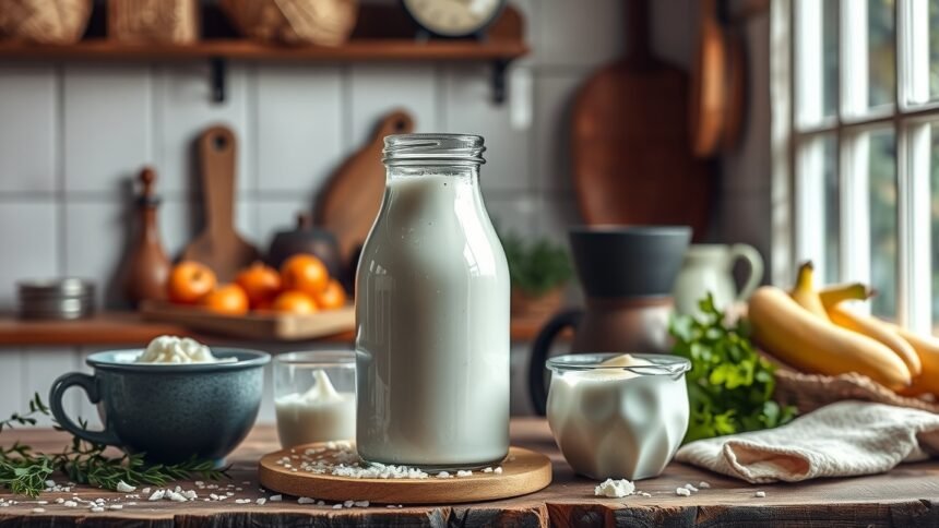 Egy üveg aludttej, friss tejtermékek és gyümölcsök a konyhában.
