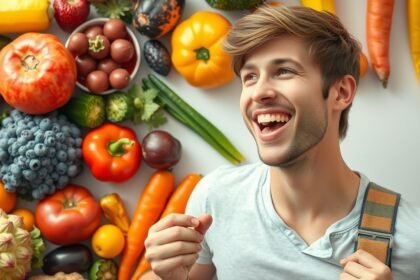 Fiatal férfi mosolyog friss gyümölcsök és zöldségek között.