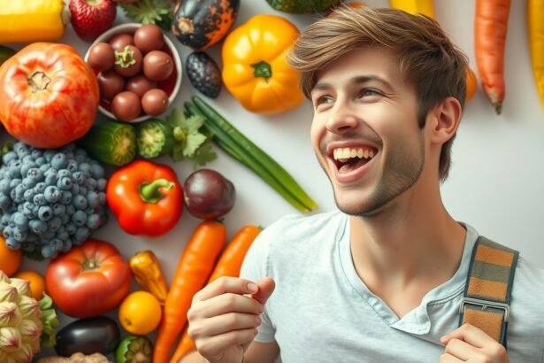 Fiatal férfi mosolyog friss gyümölcsök és zöldségek között.