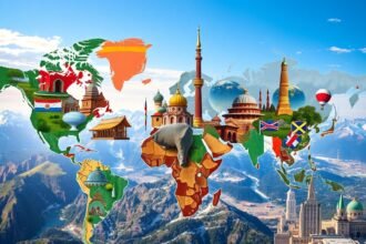 Világ térképe különleges épületekkel és tájakkal illusztrálva.