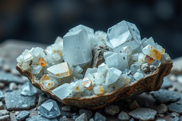 A colesztin ásvány szépen elrendezve egy kagylóban, tündöklő kristályokkal.