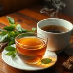 Máj meridián tea és gyógynövények a fából készült asztalon