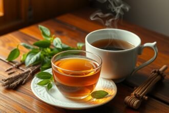 Máj meridián tea és gyógynövények a fából készült asztalon