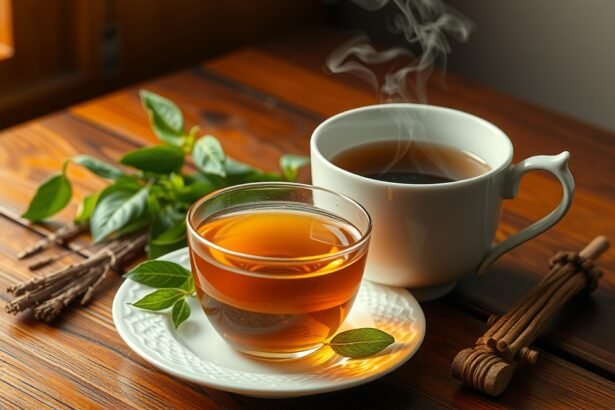 Máj meridián tea és gyógynövények a fából készült asztalon
