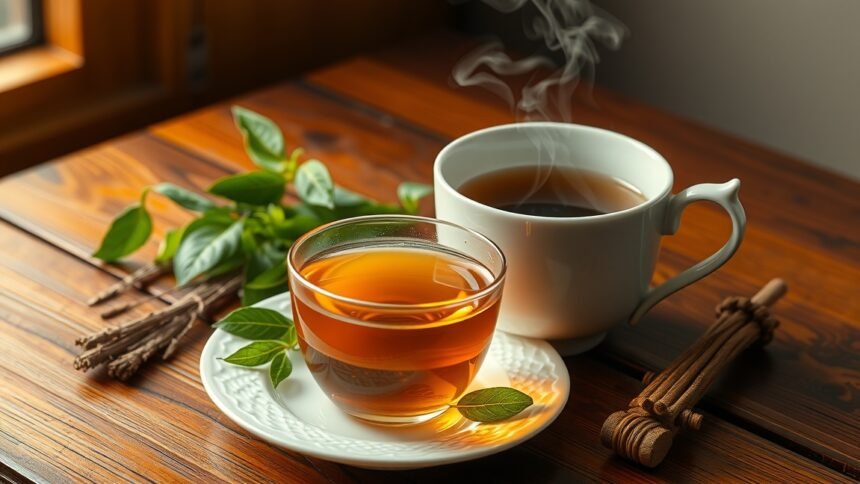 Máj meridián tea és gyógynövények a fából készült asztalon