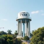 Modern víztorony zöld környezetben, biztosítva a városi vízellátást.