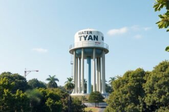 Modern víztorony zöld környezetben, biztosítva a városi vízellátást.