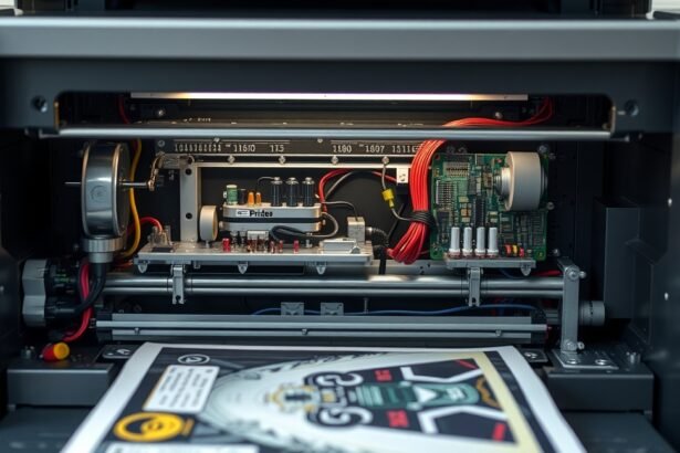 Tintasugaras nyomtató belső szerkezete, nyomat a gép alatt.