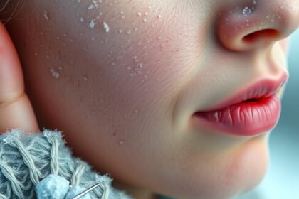 Egy arc részlete, rajta a hideg hatására tapasztalt bőr színváltozások.