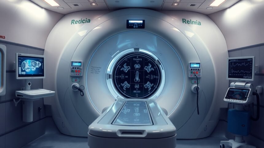 Az MRI gép belső nézete, orvosi képalkotási technológia bemutatása.