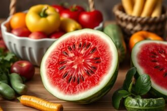 Friss dinnye és zöldségek asztalon, egészséges ételek.