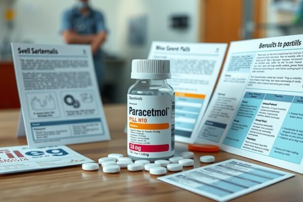 Paracetamol gyógyszer palack és tájékoztatók asztalon.