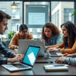 Diákok online tanulmányozáson résztvevő csoportja laptopokkal.