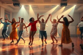 Táncoló emberek egy tánciskolában, fényekkel és vidám hangulattal.