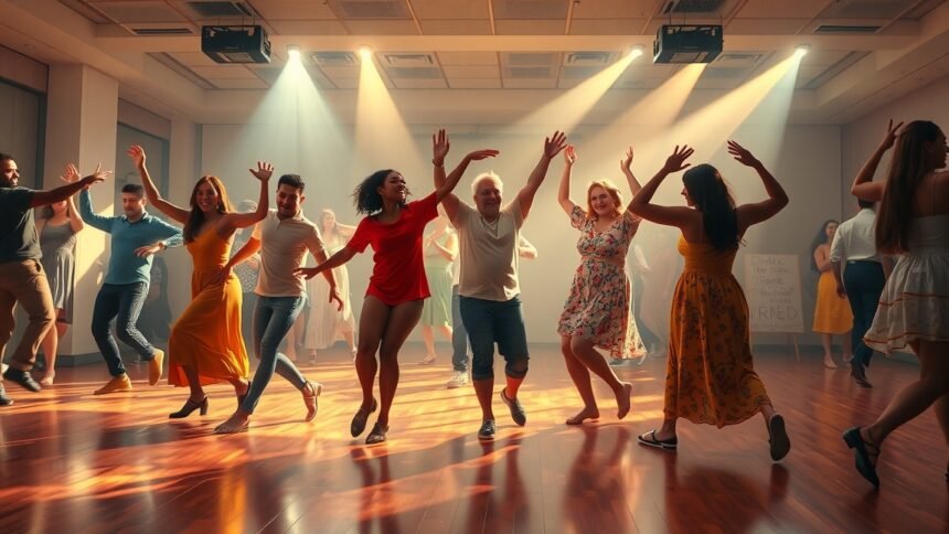 Táncoló emberek egy tánciskolában, fényekkel és vidám hangulattal.