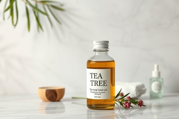 Tea tree essential oil bottle with natural ingredients