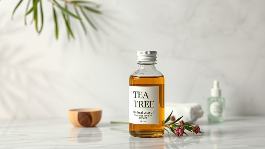Tea tree essential oil bottle with natural ingredients