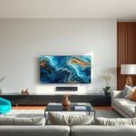 Modern nappali TCL 85C9K tévével a falon.