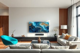 Modern nappali TCL 85C9K tévével a falon.