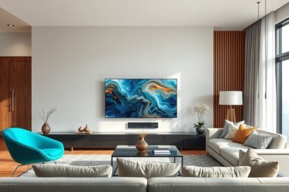 Modern nappali TCL 85C9K tévével a falon.