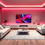 Modern nappali Philips OLED televízióval színes világítással.