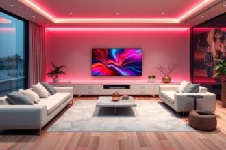 Modern nappali Philips OLED televízióval színes világítással.