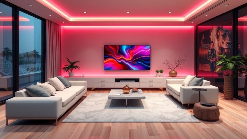 Modern nappali Philips OLED televízióval színes világítással.