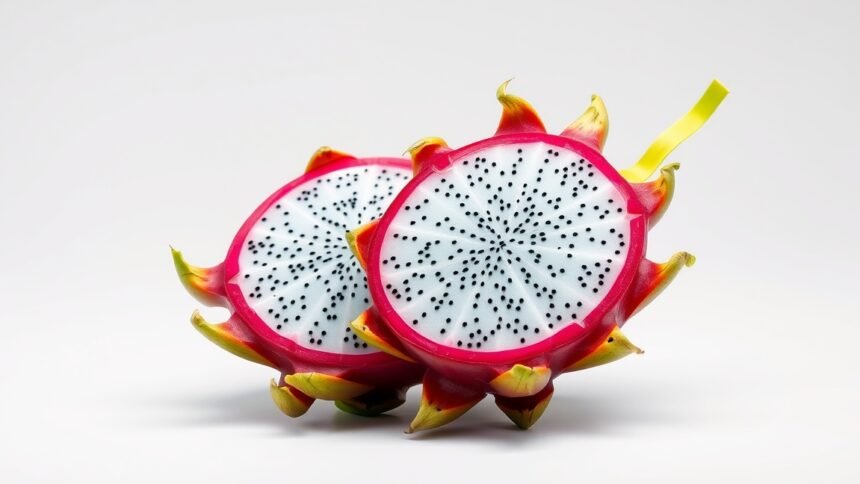 Friss sárkánygyümölcs szeletek fehér háttér előtt