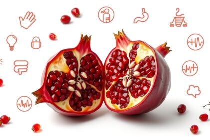 Félbevágott gránátalma, antioxidánsok és egészségügyi jelképek körülötte.