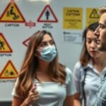 Fiatalok csoportja figyelmeztető táblák előtt maszkban.