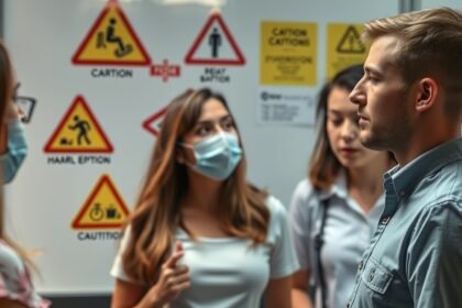 Fiatalok csoportja figyelmeztető táblák előtt maszkban.