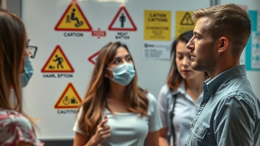 Fiatalok csoportja figyelmeztető táblák előtt maszkban.