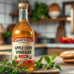 Almaecet üveg friss fűszerekkel egy konyhai pulton.