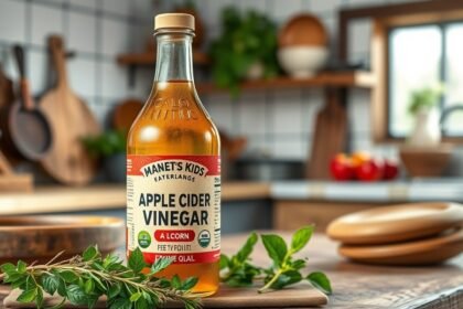 Almaecet üveg friss fűszerekkel egy konyhai pulton.