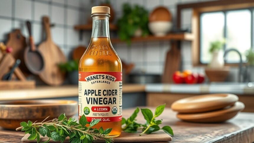 Almaecet üveg friss fűszerekkel egy konyhai pulton.
