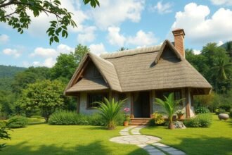 Nádtetős ház zöld környezetben, fenntartható építészet