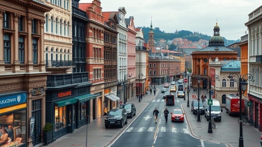 Közlekedés és építészet Kijevben, Ukrajna nagy városaiban.