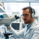 A laboratóriumban dolgozó kutató mikroszkóp alatt vizsgálja a mintát.