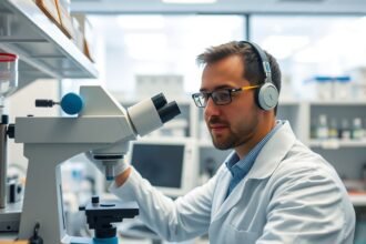 A laboratóriumban dolgozó kutató mikroszkóp alatt vizsgálja a mintát.