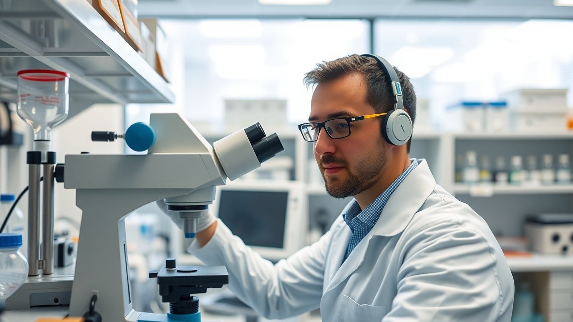 A laboratóriumban dolgozó kutató mikroszkóp alatt vizsgálja a mintát.