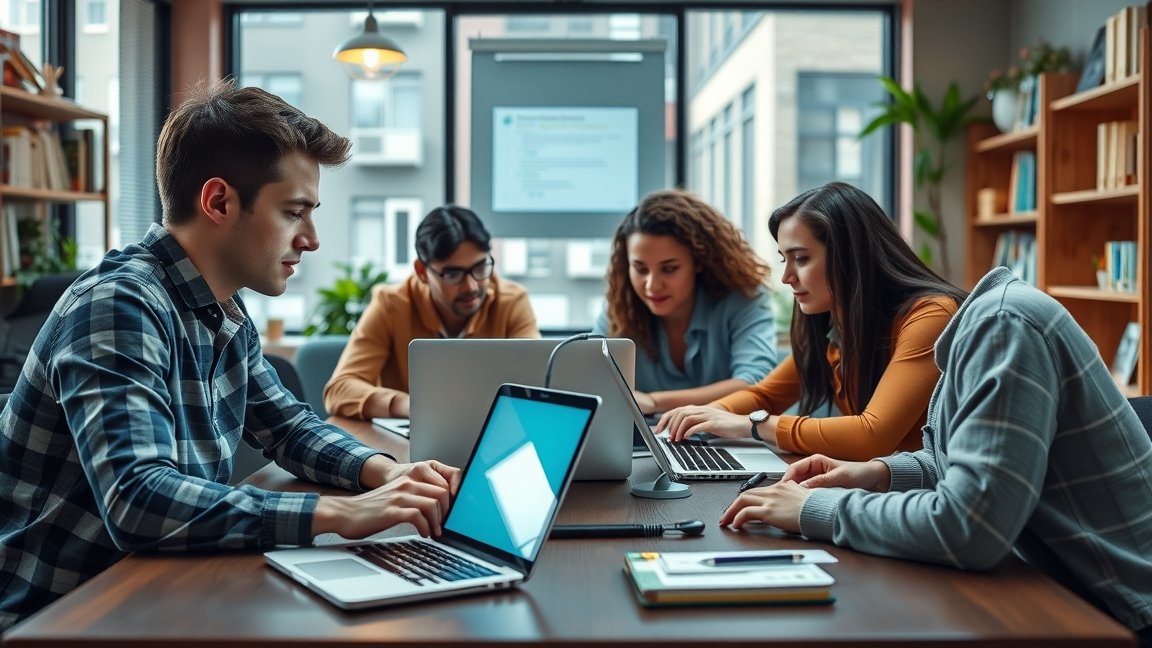 Diákok online tanulmányozáson résztvevő csoportja laptopokkal.