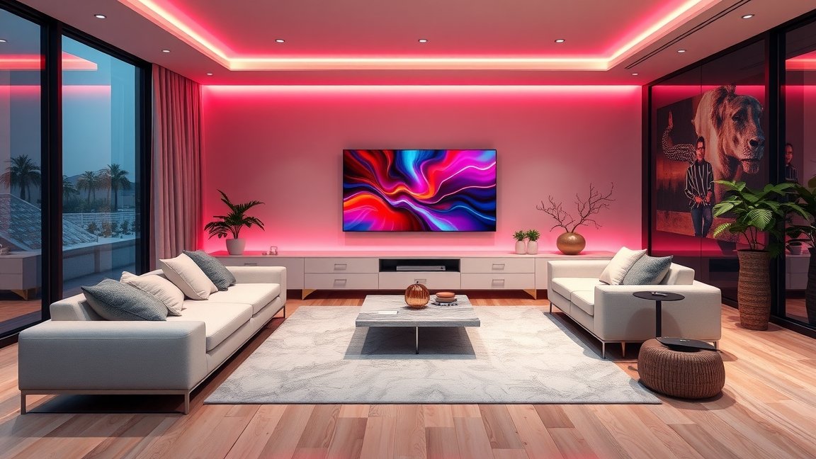 Modern nappali Philips OLED televízióval színes világítással.