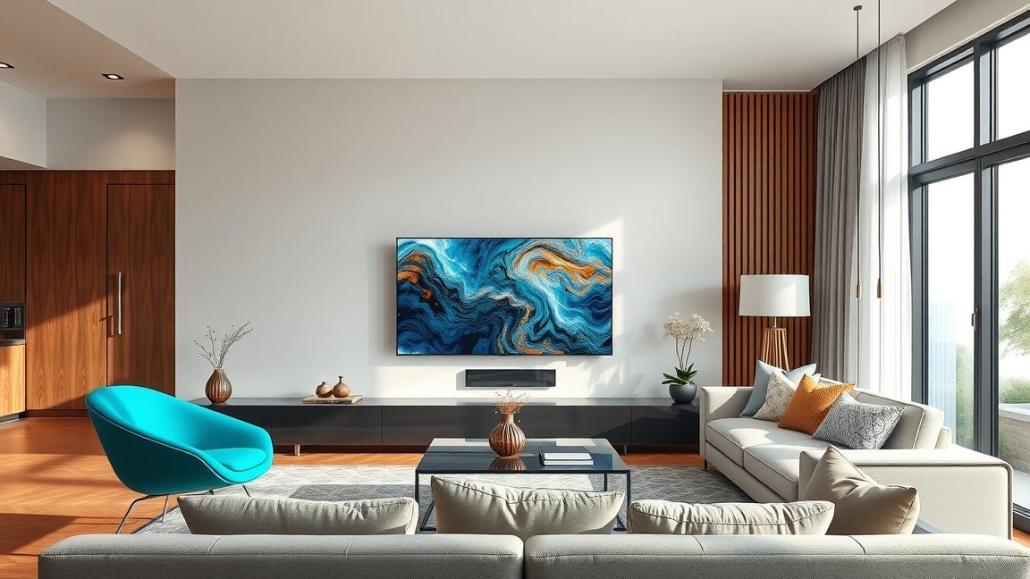 Modern nappali TCL 85C9K tévével a falon.