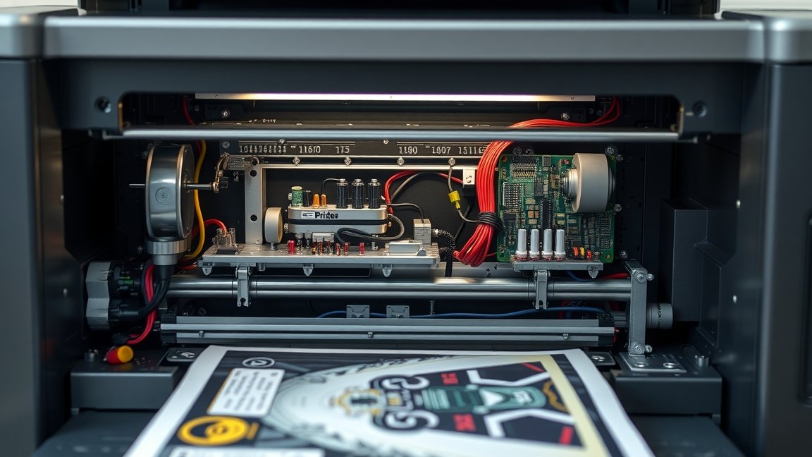 Tintasugaras nyomtatók titkai: Hogyan készülnek a nyomatok? 1 Tintasugaras nyomtató belső szerkezete, nyomat a gép alatt.