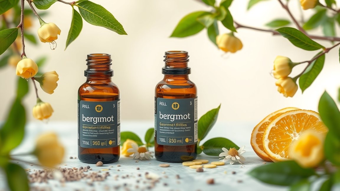 Bergamott olaj üveg, citrusos illat, aromaterápia, egészség