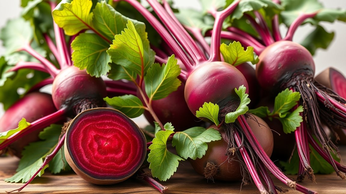 Friss cékla és levelei, gazdag tápanyagokban és antioxidánsokban.