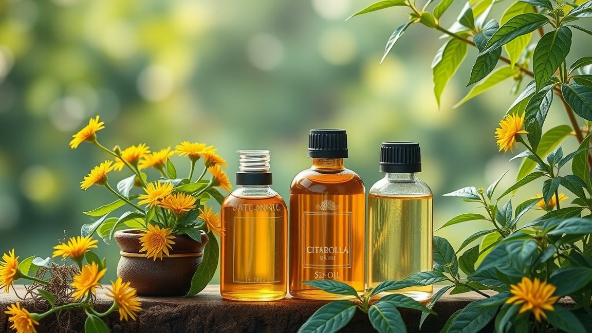 Citronella olaj üvegpalackok virágokkal és zöld levelekkel