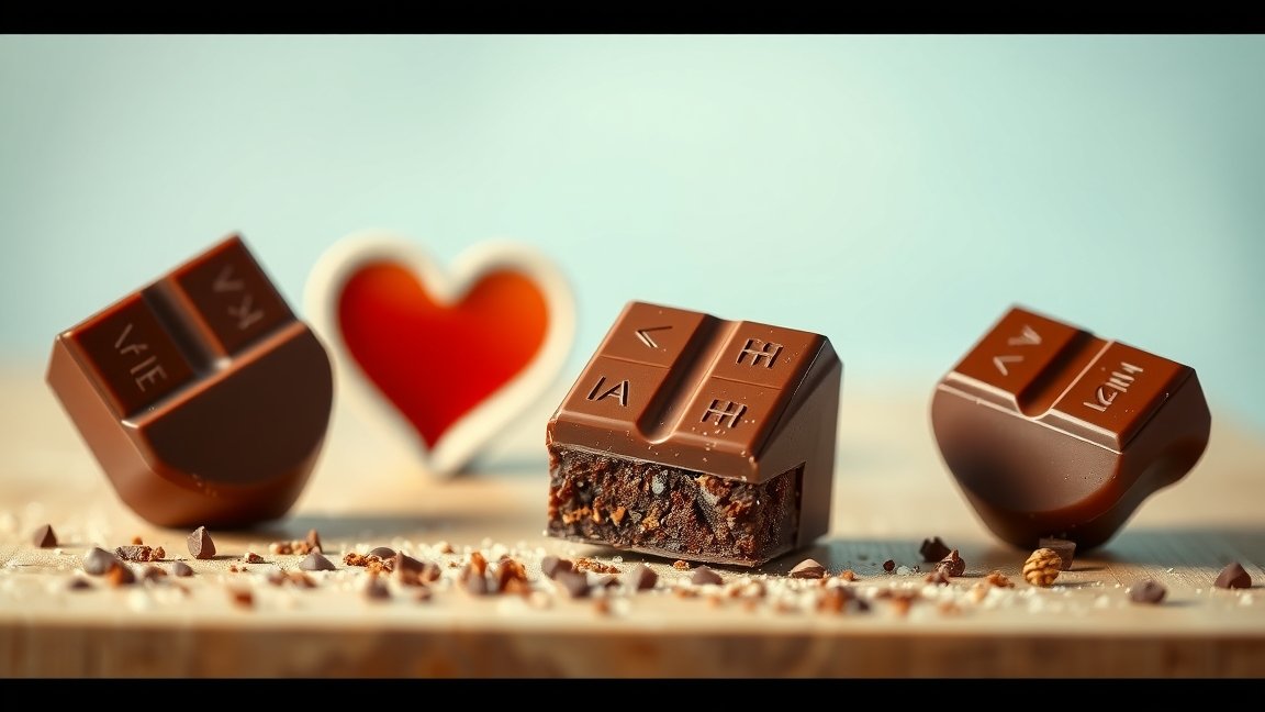 Különböző csokoládédarabok, mellette egy szív alakú díszítés.